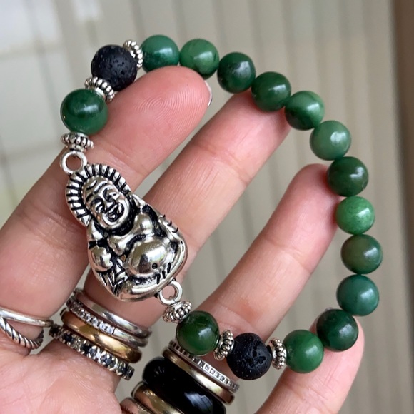 Silver buddha green agate lava rock bead bracelet - Picture 2 of 12
